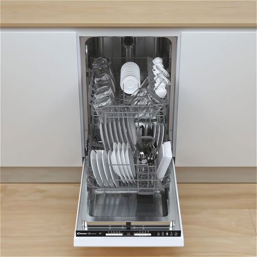 Candy Integrated Slimline Dishwasher - Black Control Panel  - Dishwasher in kitchen  door open shot